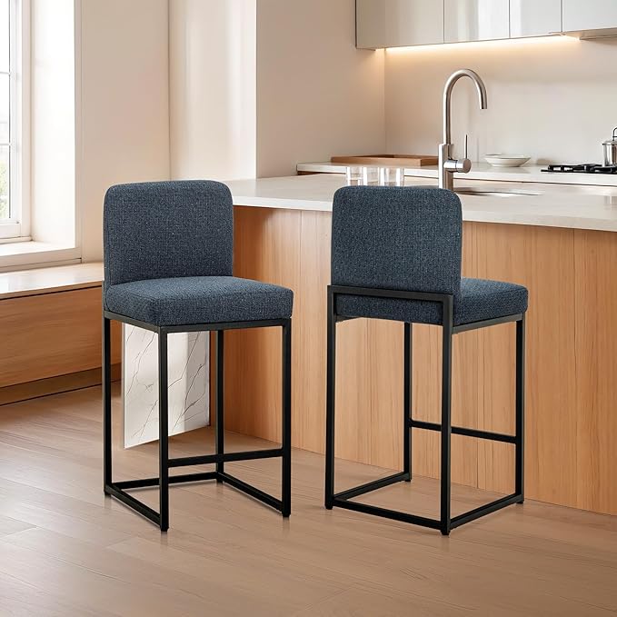 ALPHA HOME 24" Bar Stools Set of 2 Kitchen Counter Stools with Back, Counter Height Stools with Upholstered Footrest for Kitchen Island, Metal Steel Frame, Chenille, Blue