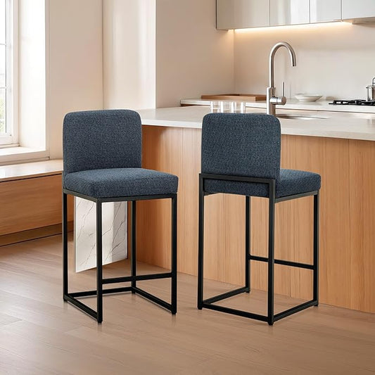 ALPHA HOME 24" Bar Stools Set of 2 Kitchen Counter Stools with Back, Counter Height Stools with Upholstered Footrest for Kitchen Island, Metal Steel Frame, Chenille, Blue
