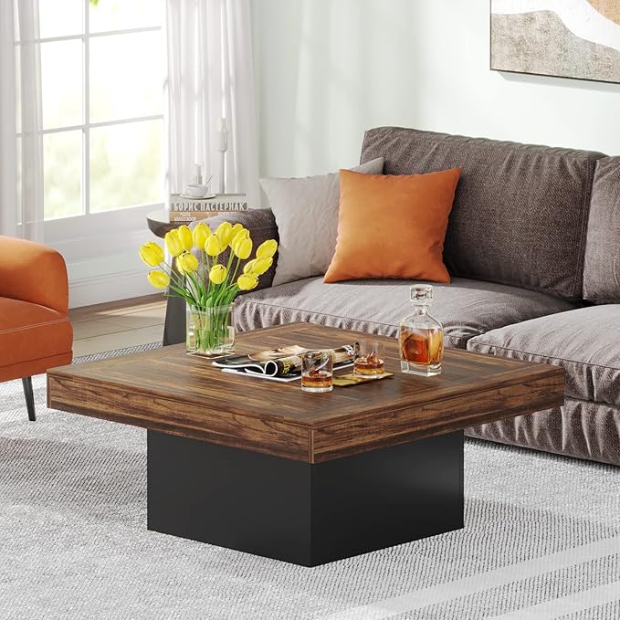 Tribesigns Coffee Table Square LED Coffee Table Engineered Wood Low Center Cocktail Tables for Living Room (Rustic Brown+Black)