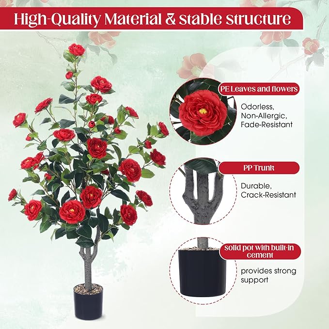 Jexine 2 Pack 40" Artificial Tree with Camellia, Fake Tree with 36 Blooming Flowers, Flower Plants Tree Faux Floral Plant Tree in Cement Pot for Indoor Outdoor Office Home Porch Decor (Red, 40")