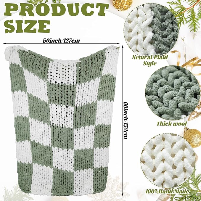 Tudomro Checkered Chunky Knit Throw Blanket for Couch 50 x 60 Inches Neutral Modern Decor 100% Hand Knitted Cozy Soft Large Rope Knot Crochet Blankets for Sofa Bed Living Room (Ivory and Sage Green)