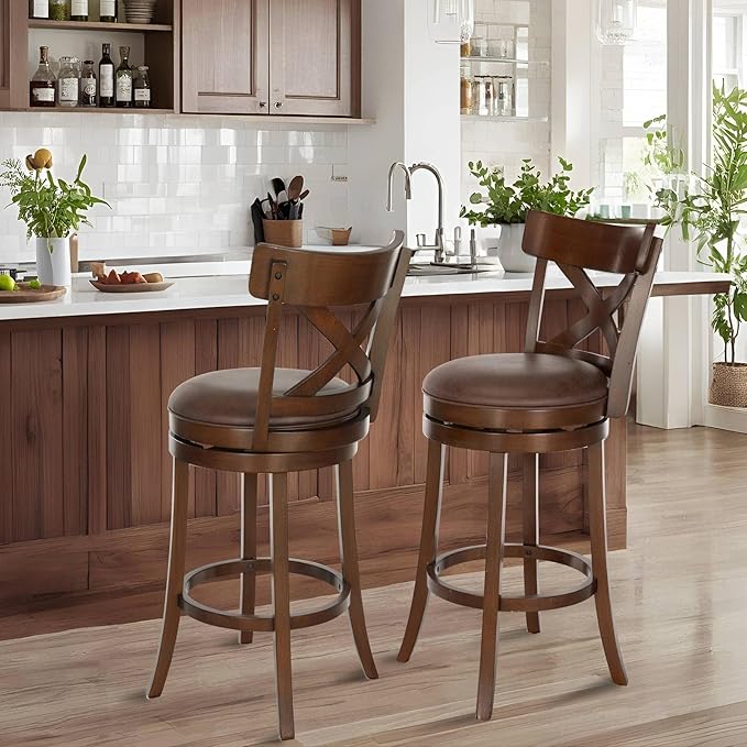 ALPHA HOME Swivel Bar Stools Set of 2, Kitchen Stools with Backs, 30 Inch Wooden Bar Stools, 360 Degrees Swivel Chair with Upholstered, Wrap-Around Footrest Counter Chair, Cappuccino