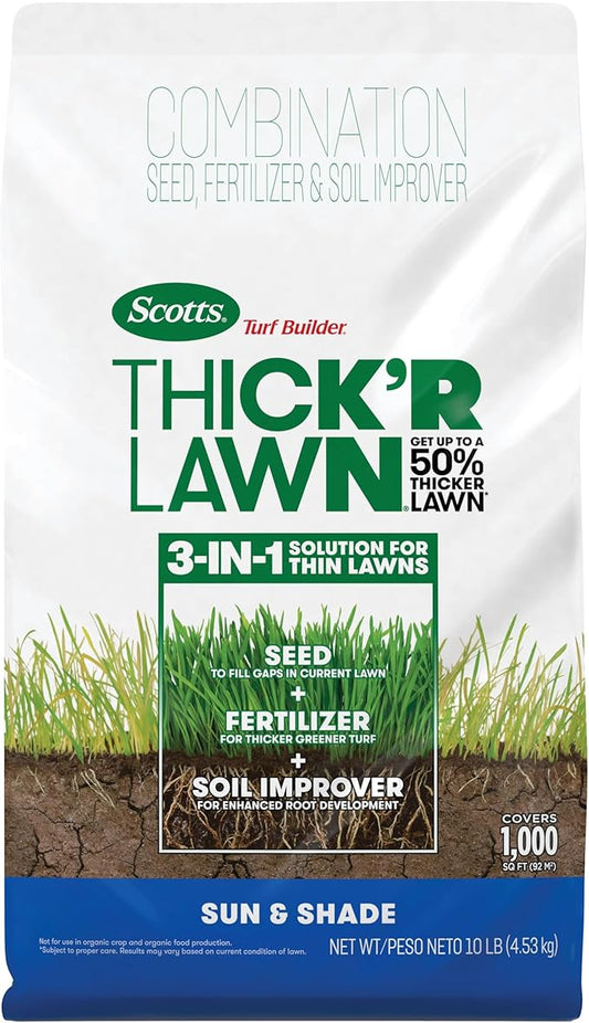 Scotts Turf Builder Thick'R Lawn Sun and Shade, Combination Seed, Fertilizer and Soil Improver, Thickens Thin Grass, 10 lbs.