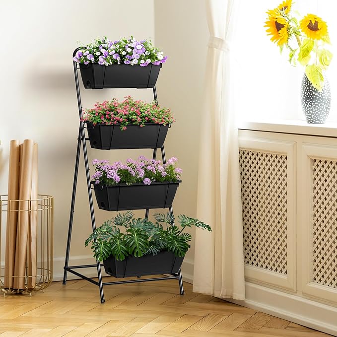 Vertical Garden Planter 4 Tier Planters for Outdoor Plants Vertical Raised Garden Bed with Drainage Holes Herb Garden Planter Outdoor Indoor Patio Yard Balcony (Black)
