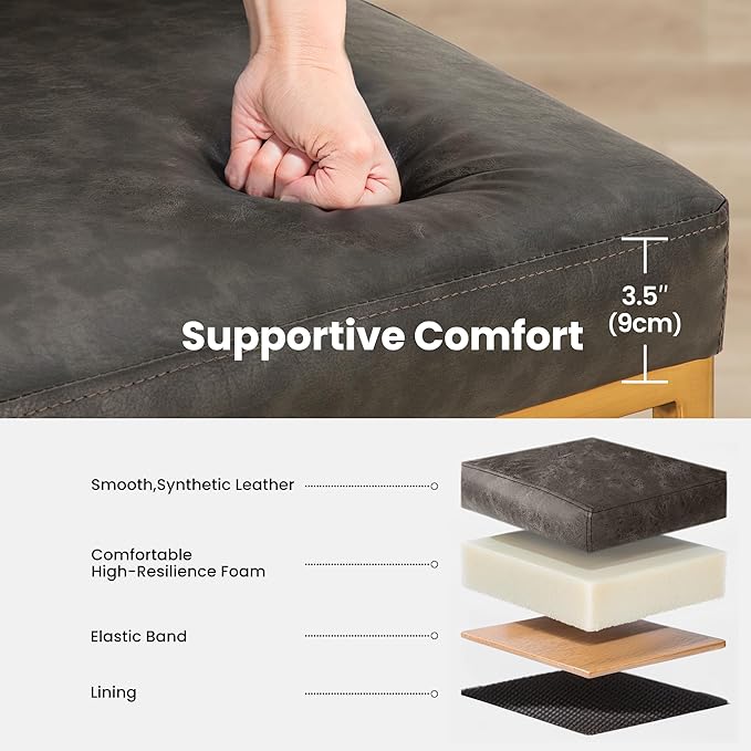 PHI VILLA Grey and Gold Bar Stools Set of 4, Faux Leather Counter Height Chairs, Kitchen Stools for Island, 24 Inch Barstools with Back