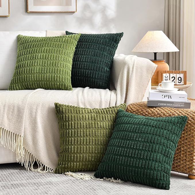 Fancy Homi Set of 4 Green Boho Winter Decorative Throw Pillow Covers 26x26 Inch for Couch Bed Sofa, Aesthetic Modern Bohemian Room Decor, Fuzzy Fluffy Cozy Corduroy Textured Cushion Case 66x66cm