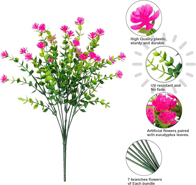 Ivydale Artificial Flowers Plants for Spring Summer Outdoors Decoration, 12 Bundles Fake Plastic UV Resistant Pink Flowers Faux Greenery Bushes Shrubs for Home Porch Patio Garden (Pink)