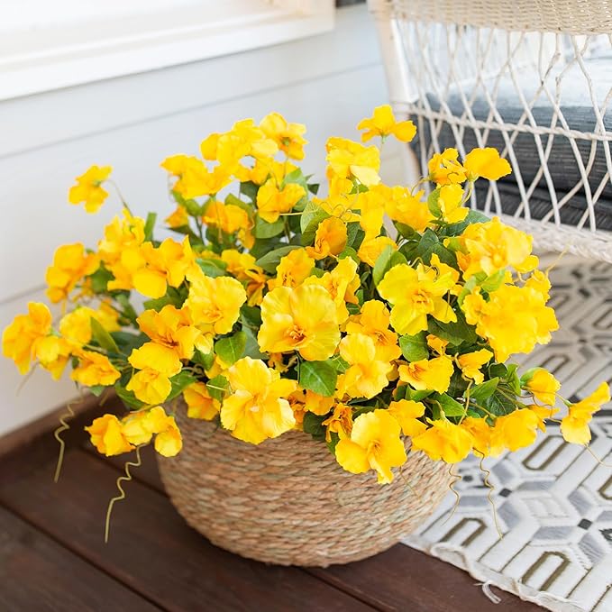 Fake Hibiscus Artificial Flowers for Outdoors Spring Summer Decoration, 6 Bundles Silk Yellow Hibiscus Flowers Bouquet UV Resistant Look Real Faux Plants for Outside Planter Front Door Porch Balcony