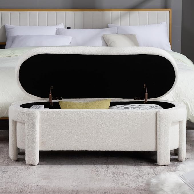 Modern Sherpa Storage Ottoman Bench for Bedroom 47.25 in Comfy Boucle Upholstered Entryway Bench with Storage for End of Bed/Living Room/Lounge/Window Corner, White