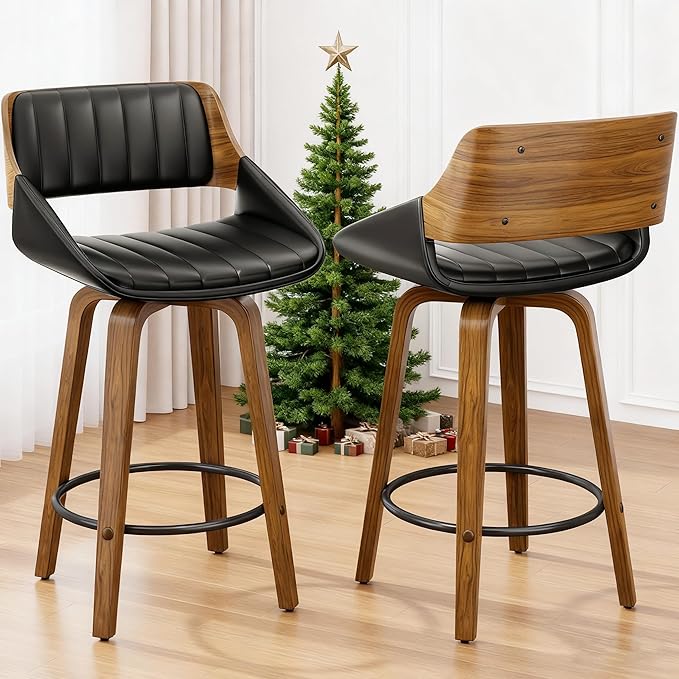 Bar Stools Set of 2, 26" Swivel Counter Height Barstools with Walnut Bentwood Back and Legs, Mid-Century Modern Faux Leather Upholstered Bar Chairs with footrest for Bar, Kitchen Island, café, Black