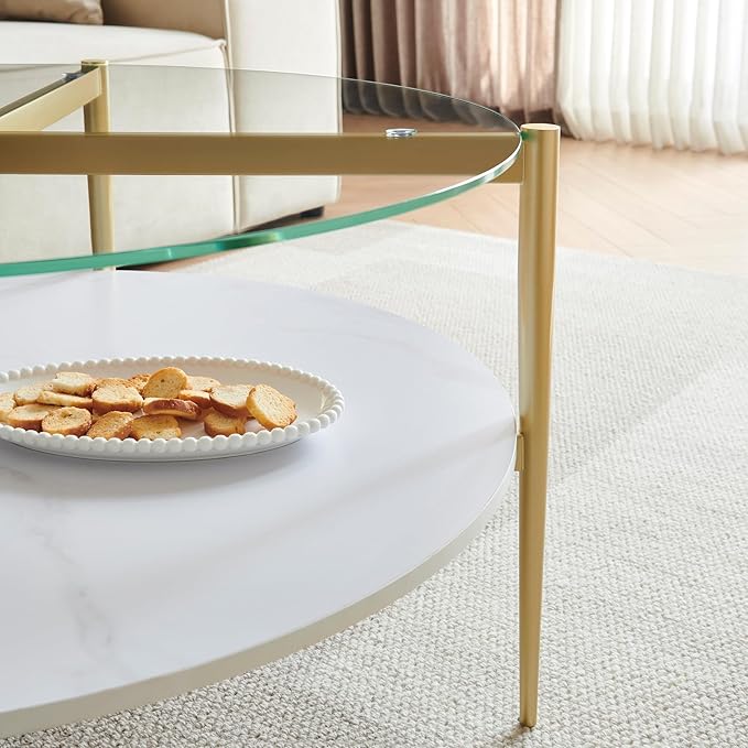 Shrine Modern Coffee Table with Glass Top, Round Table for Living Room, Two-Tier 30-Inch White Wooden Storage Coffee Table, Gold Table Legs Structure & Clear Glass Top