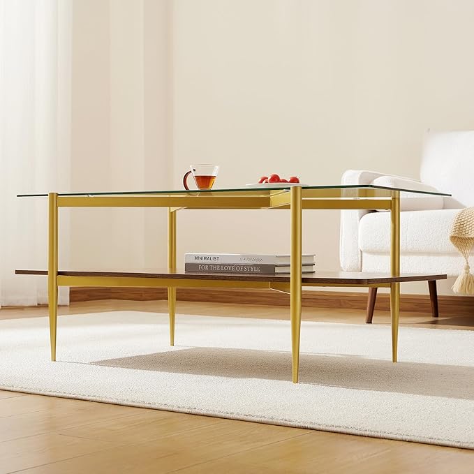 Rectangle Coffee Table, Mid-Century Modern Design, L41*W21*H17 inch, for Living Room, Clear Glass Top and Walnut Finish Wood Shelf, Conical Metal Legs with Gold Finish