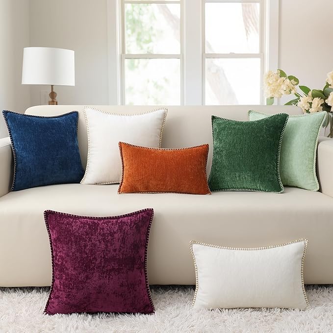 decorUhome Chenille Soft Throw Pillow Covers 12x20 Set of 2, Lumbar Velvet Farmhouse Neutral Decorative Euro Pillow Covers with Stitched Edge for Couch Sofa Bed Home Decor, Aqua Haze