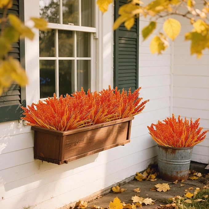 24 Bundles Fall Artificial Flowers for Outdoors, Orange Artificial Lavender Plants, Faux Mums Artificial Flowers, Artificial Mums for Outdoors, Fake Fall Flowers for Porch Planters Decoration (Orange)