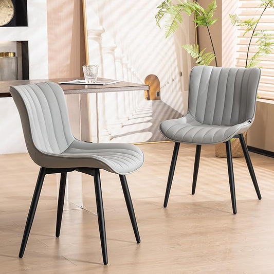 YOUNUOKE Mid-Century Modern Dining Chairs Set of 2, Grey PU Leather Upholstered Kitchen Chairs with Black Metal Legs, Armless Accent Chair for Dining Room, Guest Reception Room
