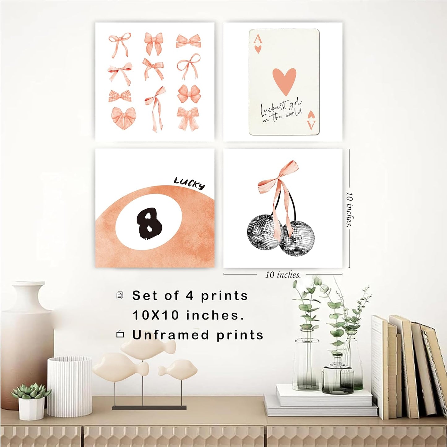 okaxscm Fall Orange Coquette Trendy Preppy Wall Art Prints Set of 4, Coquette Room Decor, Preppy Room Decor Aesthetic, Orange Bow Disco 8 Ball Cherry Wall Decor Posters for Girls Bedroom Dorm,10x10 Unframed