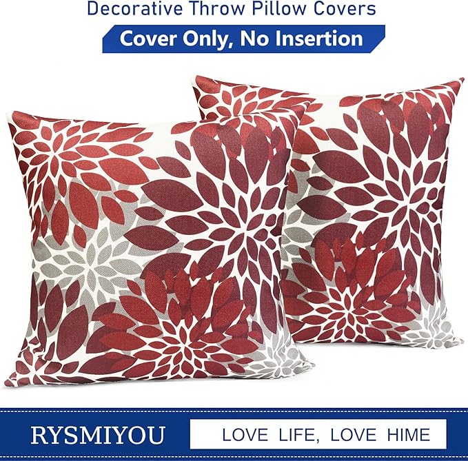 Decorative Throw Pillow Covers Set of 2 Wine Red Pillow Covers 22x22 Inch Couch Pillow Covers for Sofa Living Room Outdoor Throw Pillow Cover Linen Floral Flower Farmhouse Pillowcase