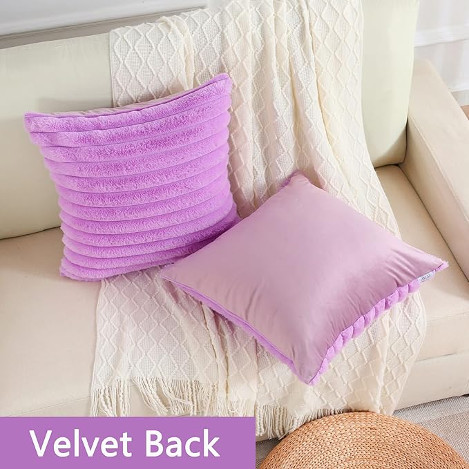 FUTEI Purple Striped Decorative Throw Pillow Covers 20x20 Inch Set of 2,Square Fall Decorations Couch Pillow Case,Soft Cozy Faux Rabbit Fur & Velvet Back,Modern Home Decor for Bed