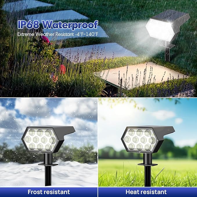 Kaxiida Solar Spot Lights Outdoor Waterproof IP68, 3 Modes & 25% Larger Panel 92 LED Solar Landscape Lights for Yard Pathway Patio Garden Decor (Cold White,4 Pack)