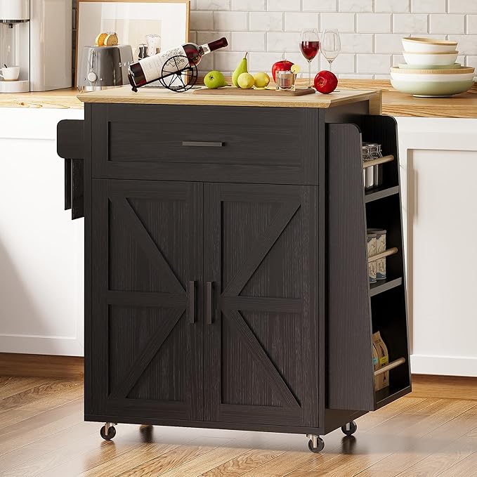 IRONCK Kitchen Island Cart with Storage, Rolling Kitchen Table with Power Outlet, Storage Cabinets on Wheels with Drop Leaf, Portable for Dining Room, Black