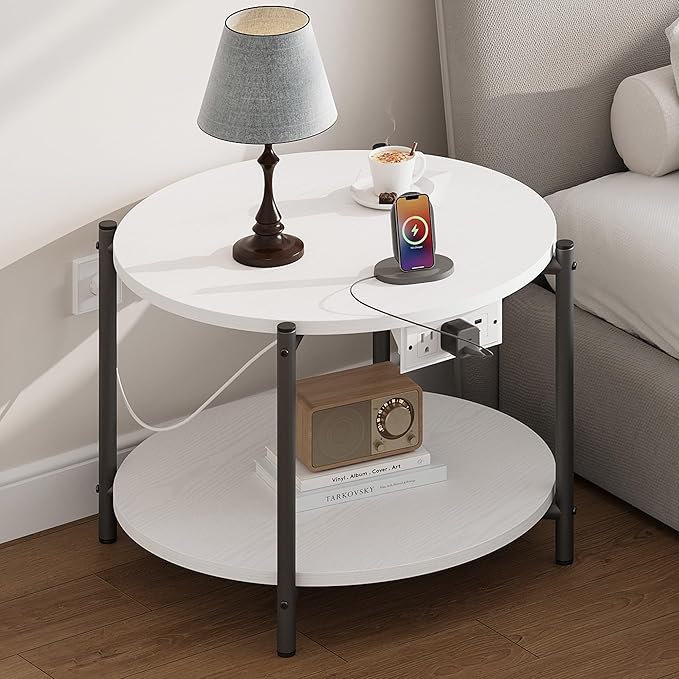 LIKIMIO Round Side Table Set of 2, 23.6" W End Table with Charging Station, Modern Wooden Nightstand for Small Spaces, Living Room, Bedroom, White