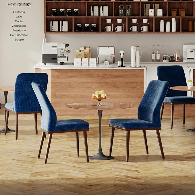Modern Dining Chairs Set of 4, Upholstered Kitchen Chairs with High Back, Padded Fabric Dining Room Chair with Solid Wood Legs for Restaurant/Cafe/Home, Blue