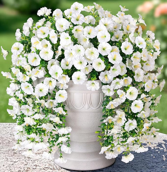 Artificial Faux Hanging Flowers Plants for Outdoor Decor,2 PCS Fake Silk Morning Glory with Eucalyptus UV Resistant Realistic Trailing Vines for Wall Home Porch Patio Balcony Yard Indoor Decor,White