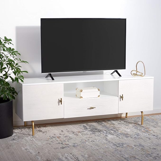 SAFAVIEH Genevieve TV Stand for up to 65" Flatscreen – White & White Washed Finish, Mid-Century Modern Storage Cabinet, Entertainment Media Console (MED5000C)