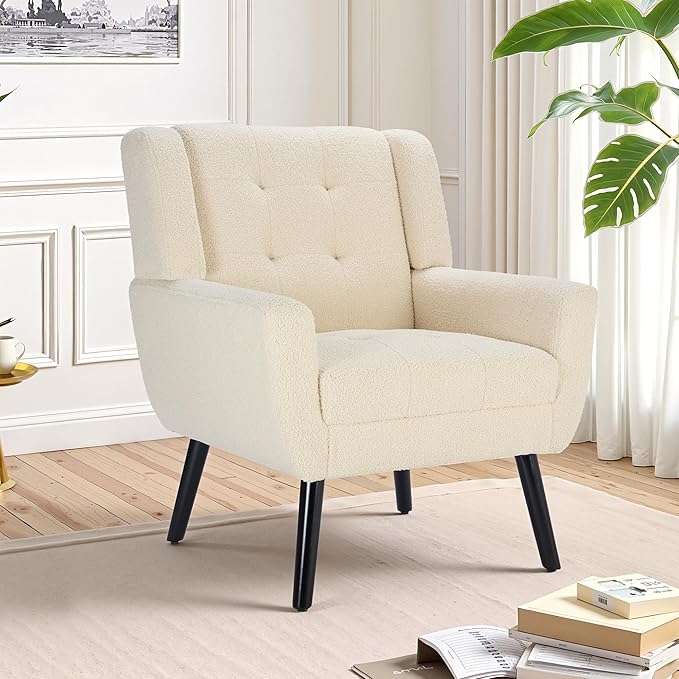 NicBex Modern Accent Chair for Living Room Upholstered Foam Filled Living Room Chairs with Metal Legs Teddy Cozy Lounge Armchair for Living Room Bedroom,Beige