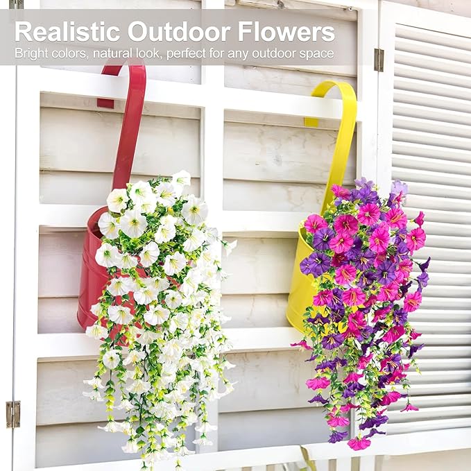 Artificial Flowers for Outdoors Decoration, 4Pcs Fake Hanging Flowers Morning Glory UV & Fading Resistant, Artificial Faux Plants Deocr for Home Porch Patio Balcony Planter Yard Garden Farmhouse