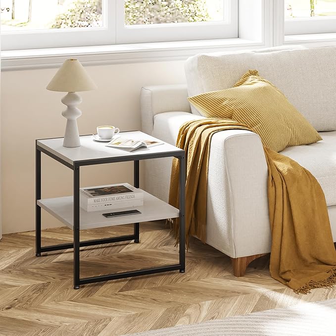 Tatub 20" End Table with Charging Station, Industrial Square Side Table with USB Ports & Outlets, Versatile 2-Tier Small Nightstand for Bedroom Living Room, White