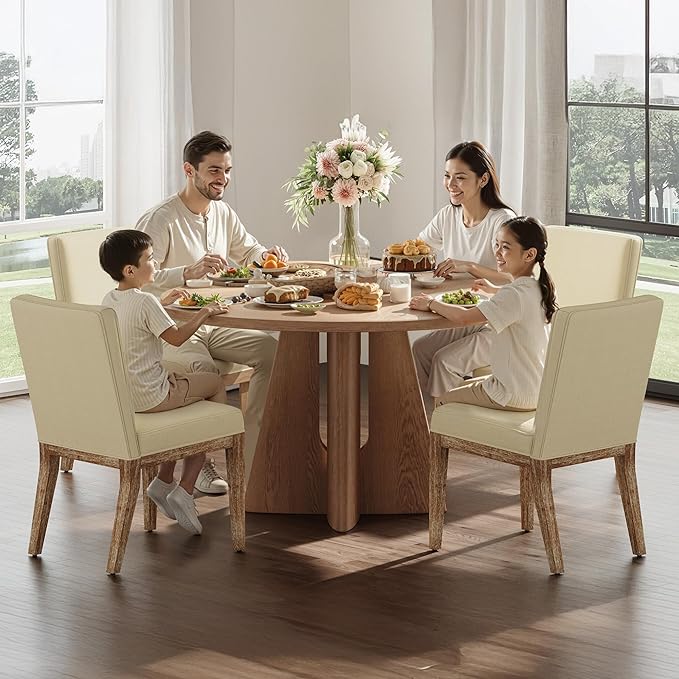 Wooden Dining Chairs Set of 4, Modern Fabric Upholstered Dining Room Chair, Kitchen Side Chairs, Farmhouse Dinner Chair with High Back for Kitchen, Beige