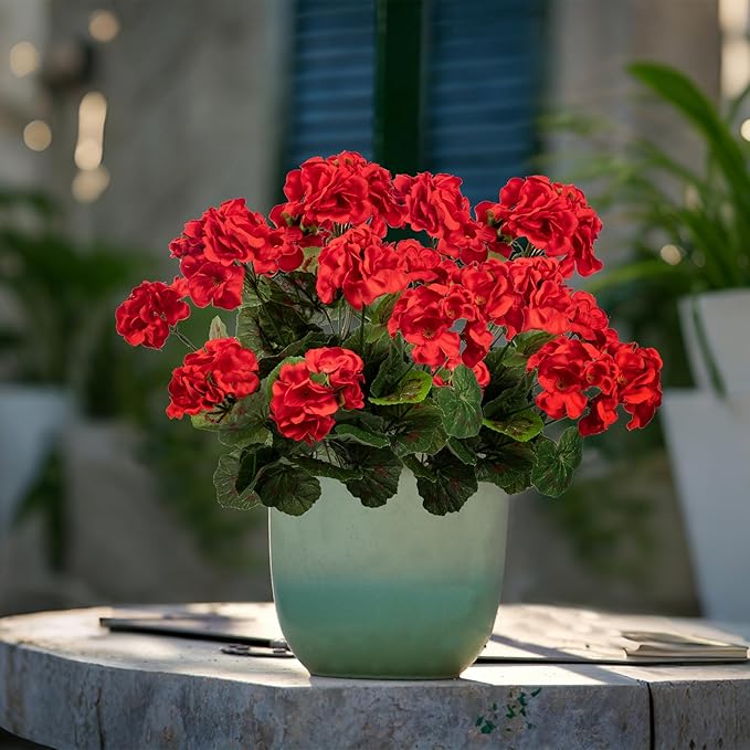 4PCS Home Decor Fake Plants Artificial Flowers Artificial Geraniums Outdoor Fake Flowers Artificial Flowers Fake Silk Bouquet, Fall Decor for Interior Porch Garden Decoration (Red) 14.4"