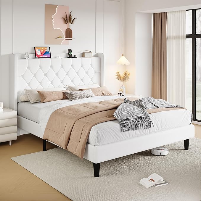 SHA CERLIN Queen Size Platform Bed Frame with Charging Station, Velvet Wingback Headboard with Storage Shelf, Wooden Slats Support, Ample Under-Bed Space, No Box Spring Needed, Easy Assembly, White