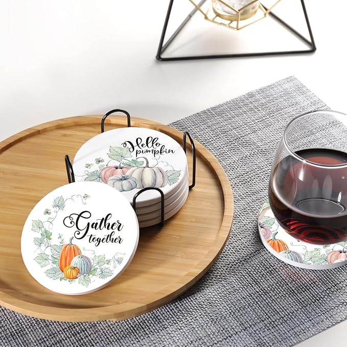 Fall Drink Absorbent Coasters with Holder Set of 6, Ceramic Stone with Cork Base, Watercolor Blue and Orange Pumpkin Pattern Coaster for Drinks, Gift for Housewarming Room Bar Home Decor Kitchen