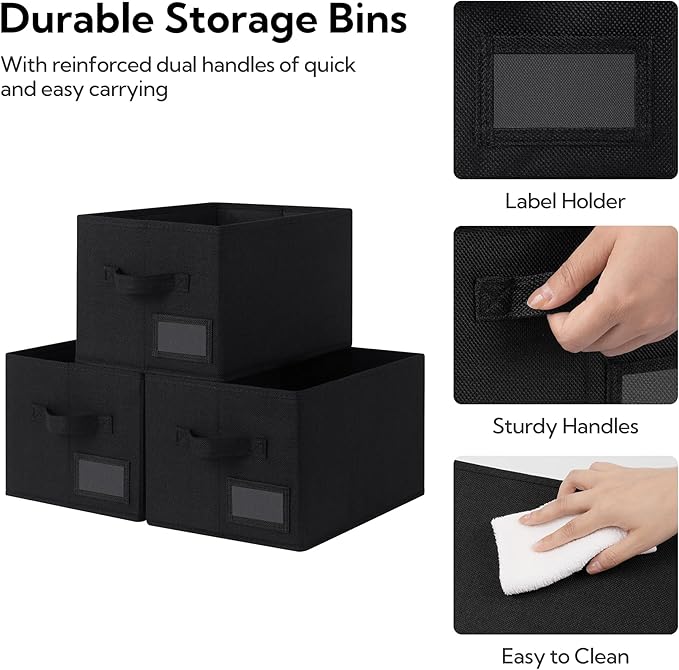 GRANNY SAYS Storage Bins, Storage Baskets for Shelves, Fabric Storage Bins for Clothes, Closet Organization Bin, Collapsible Storage Bin with Handles, Decorative Storage Box, Black, Large, 3-Pack