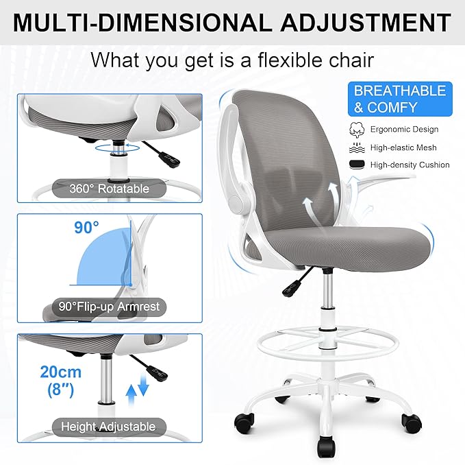 Primy Ergonomic Drafting Chair with Flip-up Armrests Tall Office Chair for Standing Desk Comfortable Desk Chair with Adjustable Footrest Ring and Lumbar Support in Gray Perfect for Home and Office Use