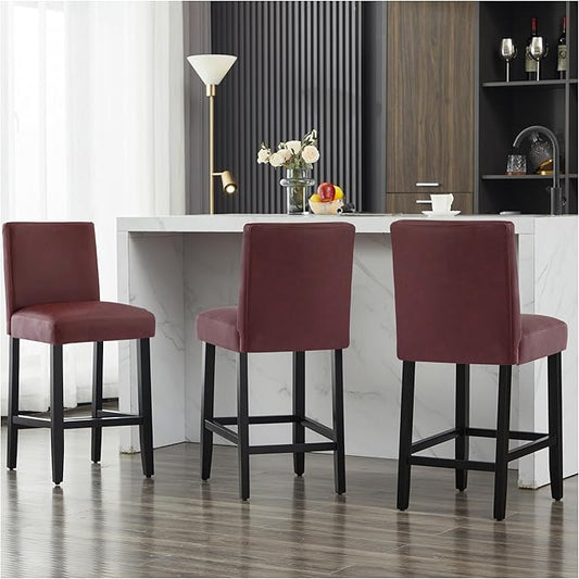 26'' Faux Leather Bar Stools Set of 3, Modern Upholstered Bar Chairs with Back, Soild Wood Legs Barstools for Kitchen Island, Red