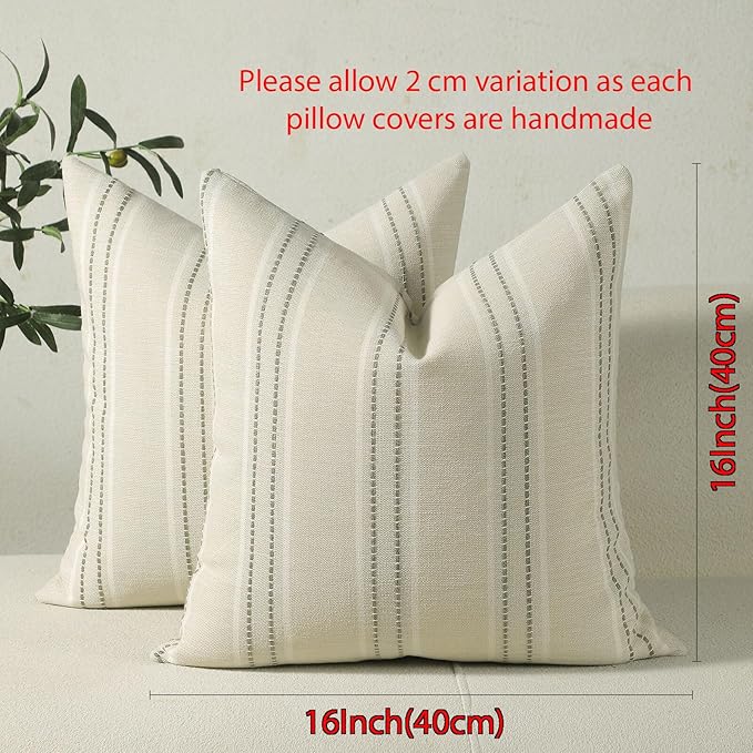 Hckot Hand Made Throw Pillow Covers 16x16 Set of 2 Striped Pillow Covers Christmas Decorative Pillows Square Cushion Covers for Sofa Couch Bed Living Room Farmhouse Decor, Greyish-Green (Sage)