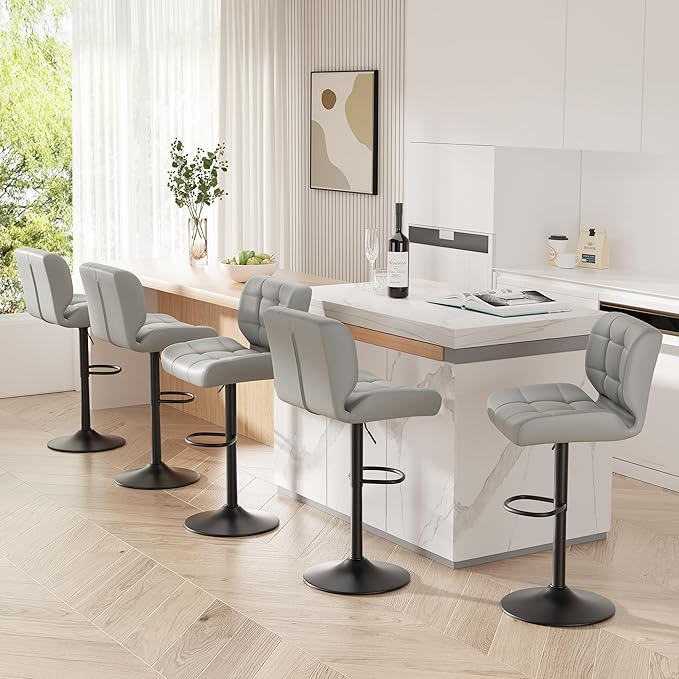 Modern Bar Stools Set of 3, Faux Leather Upholstered Swivel Bar Stools, Adjustable Counter Height Bar Chairs with High Back and Footrest for Kitchen Island (Light Grey)