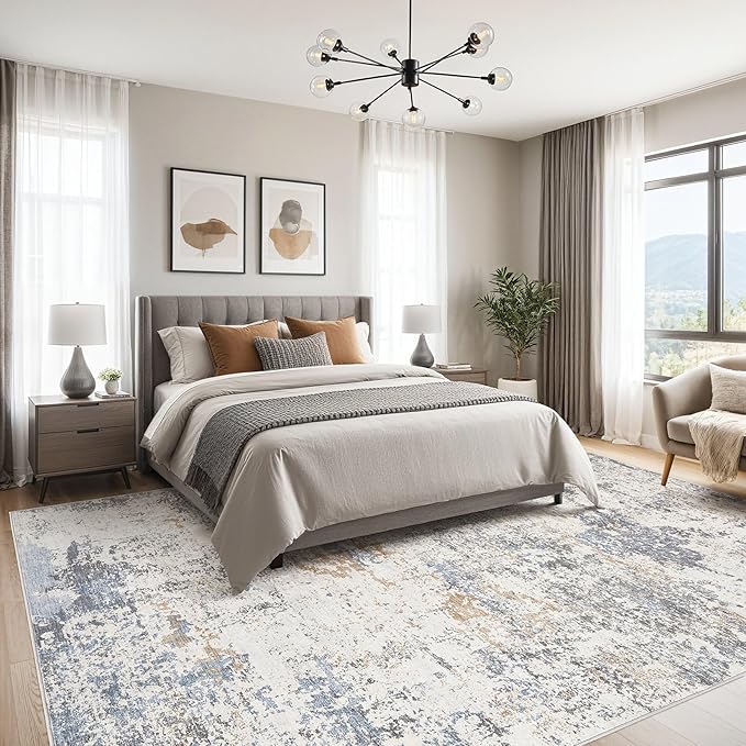 Area Rugs for Living Room: 6x9 Large Soft Washable Rug Modern Abstract Non-Slip Backing Stain Resistant Carpet for Bedroom Dining Room or Home Office Home Decor - Blue