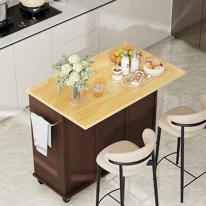 Shintenchi Kitchen Island with Storage, Bar Cart Cabinet Island Table on Wheels, Rolling Microwave Cart for Kitchen with Drop Leaf, Drawers, Towel Rack, Seating Area for Dining Room, Brown