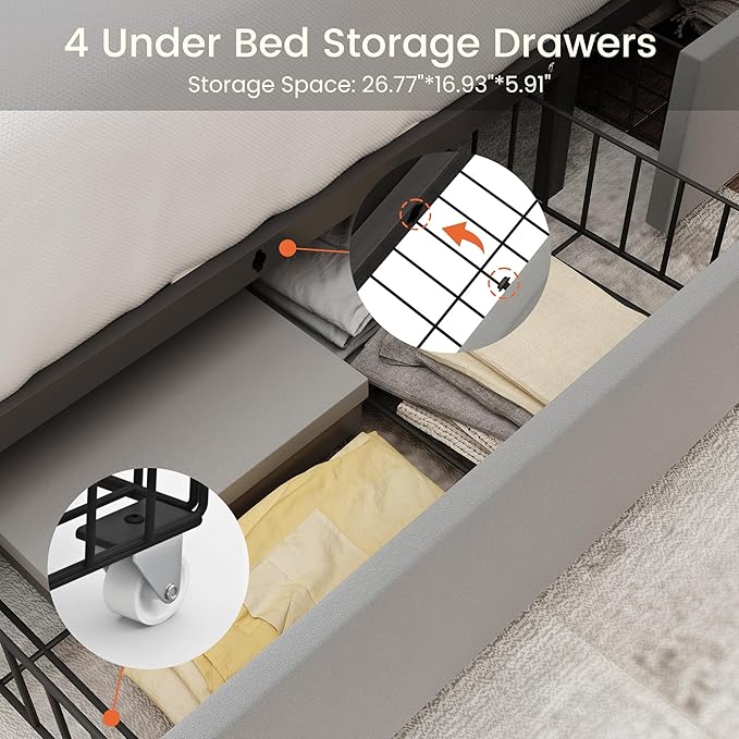 LARMACE Queen Size Bed Frame Upholstered Platform Bed with 4 Storage Drawers and Tufted Headboard Velvet Bed Frame with Heavy Duty Wood Slats, No Box Spring Needed, Easy Assembly, Bluish Grey