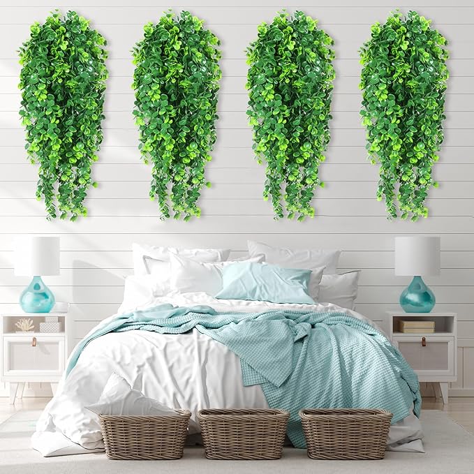 Hoteam 24 Pcs Artificial Hanging Plants 32 Inch Fake Ivy Vines with Fake Leaves Patio Artificial Plants Greenery for Living Room Indoor Outdoor Wall, No Basket (Eucalyptus)