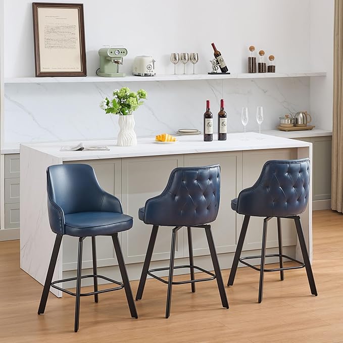 Bar Stools Set of 3, 26" Swivel Counter Height Bar stools with High Back, Faux Leather Kitchen Barstools Counter Height for Kitchen Island (Navy Blue, 3PCS 26" Counter Stools)