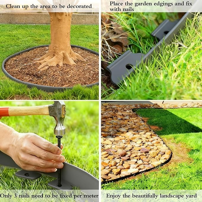 33FT Landscape Edging, 4 in Tall Garden Edging Borders with 30 Spikes,Flexible Lawn Edging Kit Plastic Mini Fence Borders for Grass Flower Beds, Pavement,Yard -Grey