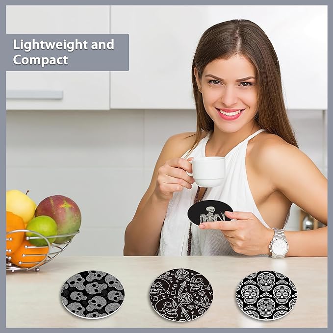 Drink Coasters Set of 6 with Holder,Human Skeleton Posing Skull Head Absorbent Ceramic Coasters with Cork Base,Fit All Cups,Tabletop Protection Mat for Mugs and Cups,Office,Kitchen