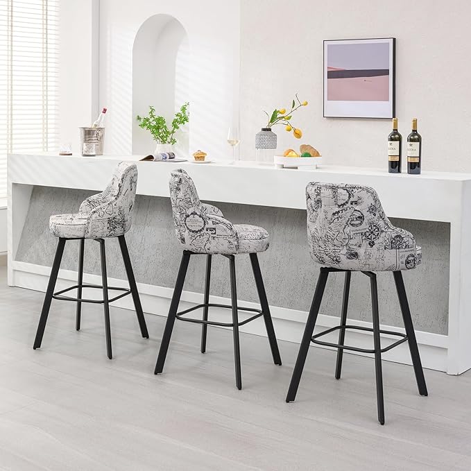 Bar Stools Set of 2, 30" Swivel Bar Height Bar Stool with High Back, Linen Kitchen Barstool Bar Height for Kitchen Island (Beige (Nautical Print), 2PCS 30" Bar Stools)