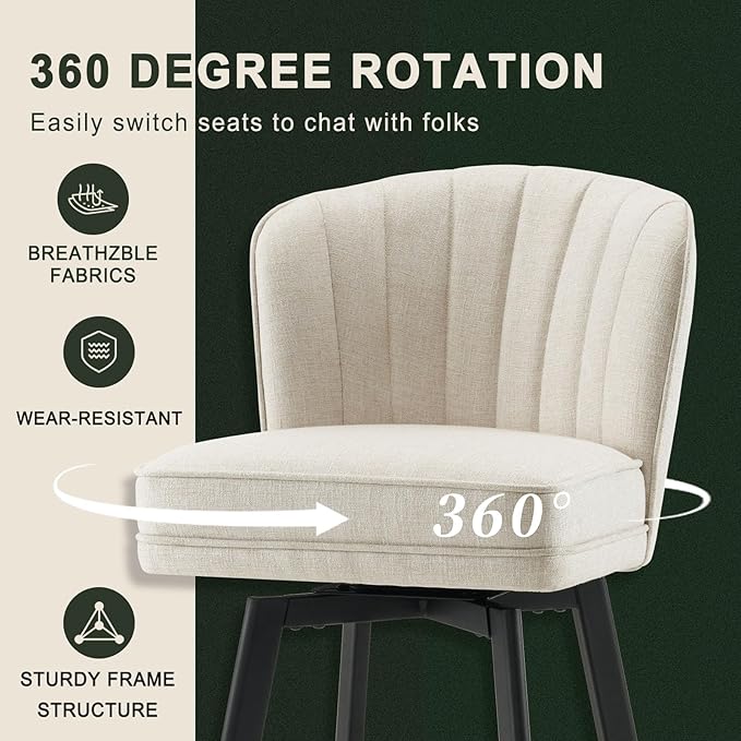 Swivel Counter Height Bar Stools Set of 2, 26'' Modern Barstools with Backs and Metal Legs, Upholstered Bar Chairs, Beige, Fabric Stools for Kitchen Island Chairs