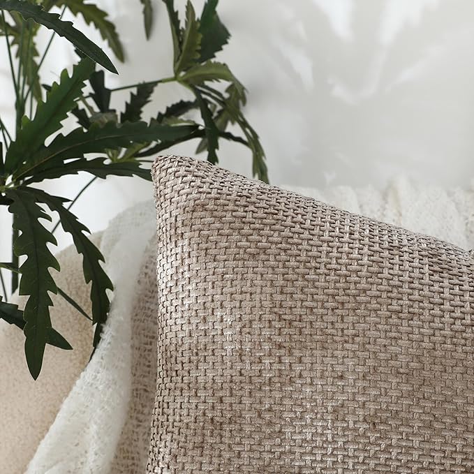 Stellhome Pack of 2 Woven Textured Decorative Throw Pillow Covers Soft Chenille Accent Luxury Cushion Cases for Living Room Couch Bed Sofa Farmhouse Boho Home, 12x20 inch, Light Brown